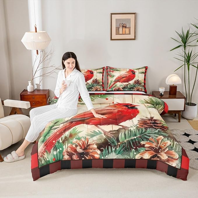 jejeloiu Kids Red Cardinal Comforter Set Queen Size Christmas Red Black Plaid Bedding Set for Boys Girls Teens Xmas Birds Winter Rustic Wood Plank Animal Duvet Quilt Room Decor