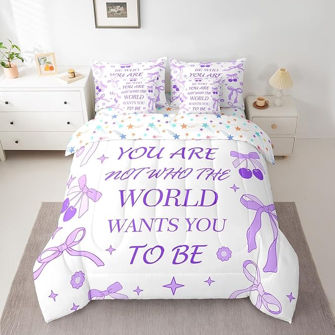 7 Pieces Purple Bowknot Kids Comforter Set King,Cherry Tropical Fruit Stars Daisy Cute Bedding Set,Bow Tie Cartoon Princess Romantic（Comforter+Fitted+Flat Sheet+2 Pillowcases+2 Throw Pillow Covers）