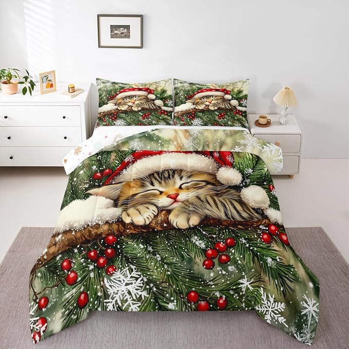 Xmas Cat Comforter Set King Size,Snowflake Holly Berries Winter Kids Bedding Set,Merry Christmas Poinsettia Animal Quilt Comforter,Green Yellow Duvet Insert,2 Pillowcases