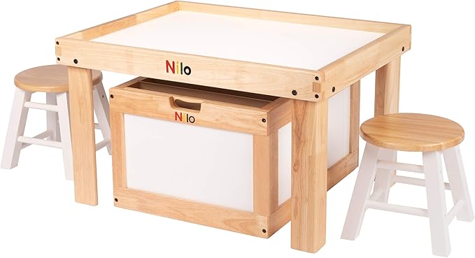 NILO Kids Play Table Set with 2 Compatible Lego Duplo Detachable Two-Sided Baseplates/Boards/Mats (N34 Activity Table Without Holes, 24x32x20 and 2X Green Base Plates 12x32)