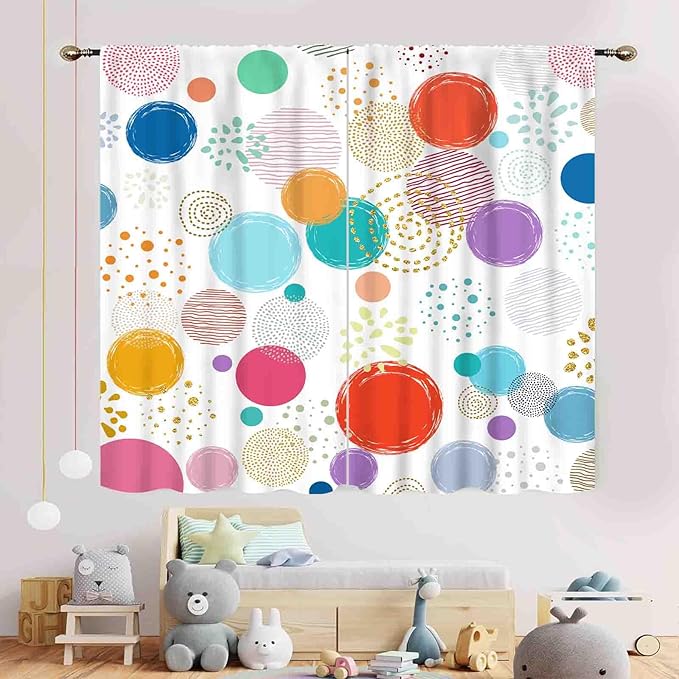 Colorful Curtains for Girls Bedroom, Watercolor Rainbow Cartoon Abstract Circle Polka Dots Splashes Cute Window Drapery for Kids Boys Girls Classroom Living Room Nursery Bathroom, 84"x63" Inch