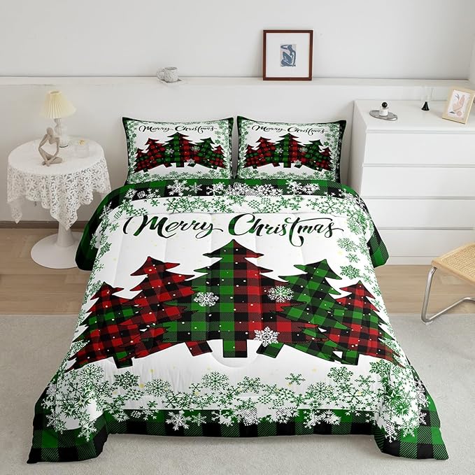 Castle Fairy Christmas Full Size Comforter Set,Pine Trees Green Snowflake Glitter Shiny Bedding Comforters Bedroom Collection,Winter Festival Plaid Checkered Bedding Set for Girls Teens