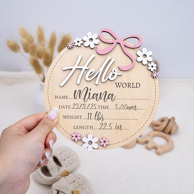 Wooden Baby Announcement Sign 6 Inch Round Birth Stat Plaque with Floral and Bow Design (Hello World)