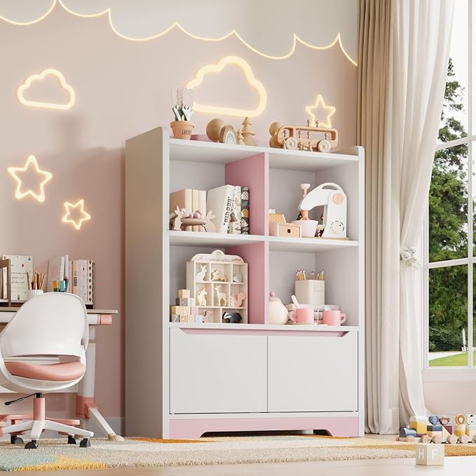 Kids Bookshelf and Toy Organizer, 2 Tier Kids Book Shelf for Kid Rooms with 2 Doors, 4 Cubes Storage Organizer,Wood Children Bookcase,Freestanding Toddler Book Display Shelf for Playroom