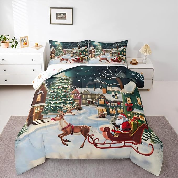 Feelyou Christmas Kids Comforter Set Twin Size Santa Claus Bedding Set Reindeer Sled Duvet Quilt for Kids Boys Girls Bedroom Xmas Tree Decor Microfiber Ultra Soft Breathable