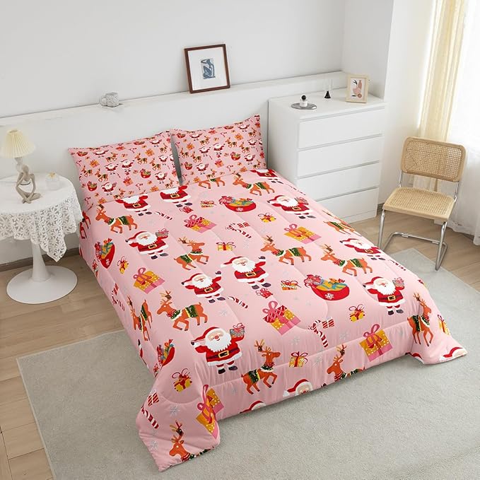 Feelyou Christmas Bedding Set for Kids Boys Girls Toddler Size Santa Claus Comforter Set Ultra Soft Xmas Deer Elk Decor Comforter Duvet Quilt Bedroom Decor Christmas Decor Quilt