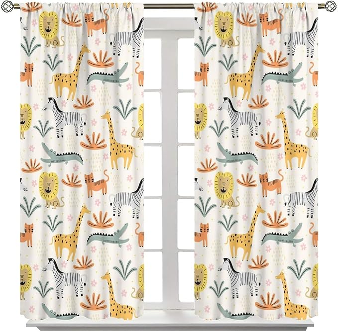 Wild Animals Curtains, Cute Cartoon Animals Zoo with Lion Zebra Crocodile Cat and Giraffe Tropical Jungle Plant Print Window Treatments for Kids Boys Girls Bedroom Living Room 55x63in