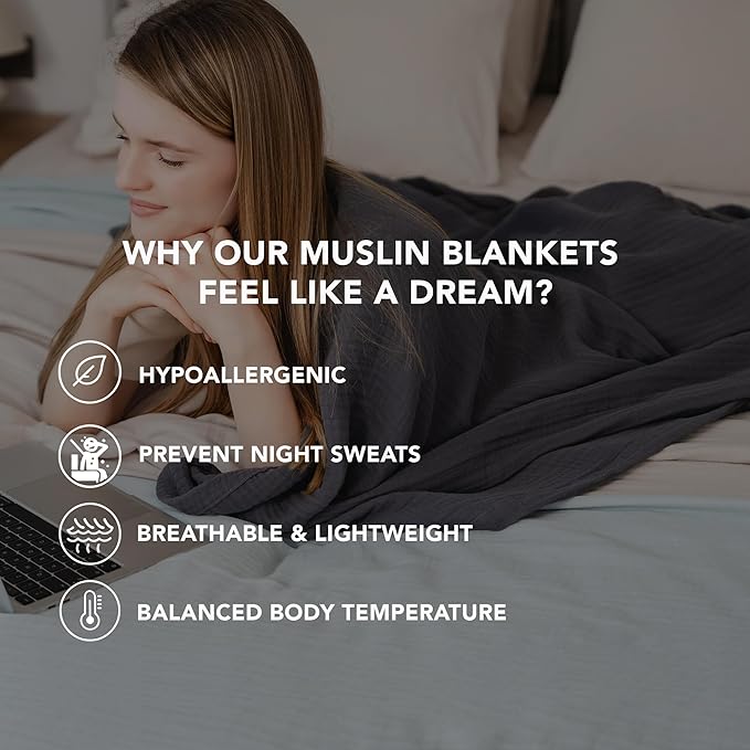 Goqan Throw Blanket 55x60 – 100% Cotton 4 Layer Boho Muslin Blanket for Adults, Lightweight, Soft, Breathable for Bed, Couch - Dark Grey