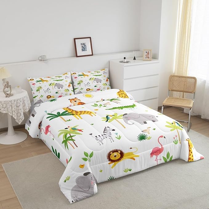 Feelyou Kids Safari Animal Bedding Set King, Nursery Baby Boy Cartoon Lion Jungle Comforter Set Woodland Forest Wildlife Comforter for Kids Boys Girls Kawaii Flamingo Duvet Set 3Pcs