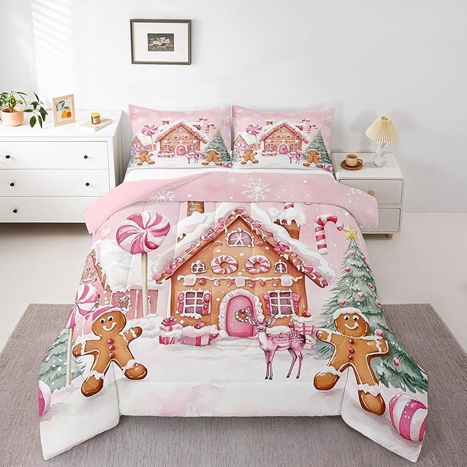 Gingerbread House Kids Comforter Set Full Size,Gingerbread Man Xmas Tree Cabin Deer Bedding Set,Girls Women Room Decor,Christmas Snowflake Down Comforter,Pink Brown Duvet Insert,2 Pillowcases