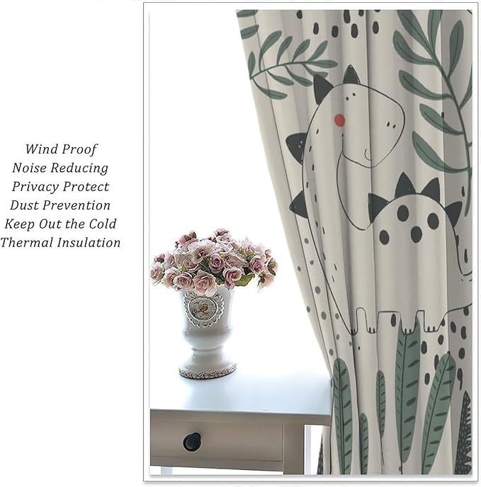 Funny Dinosaur Curtains, Jungle Cute Cartoon Animals Tropical Leaves Plant Beige Green Print Blackout Window Treatments for Kids Boys Girls Bedroom Living Room 72x63in