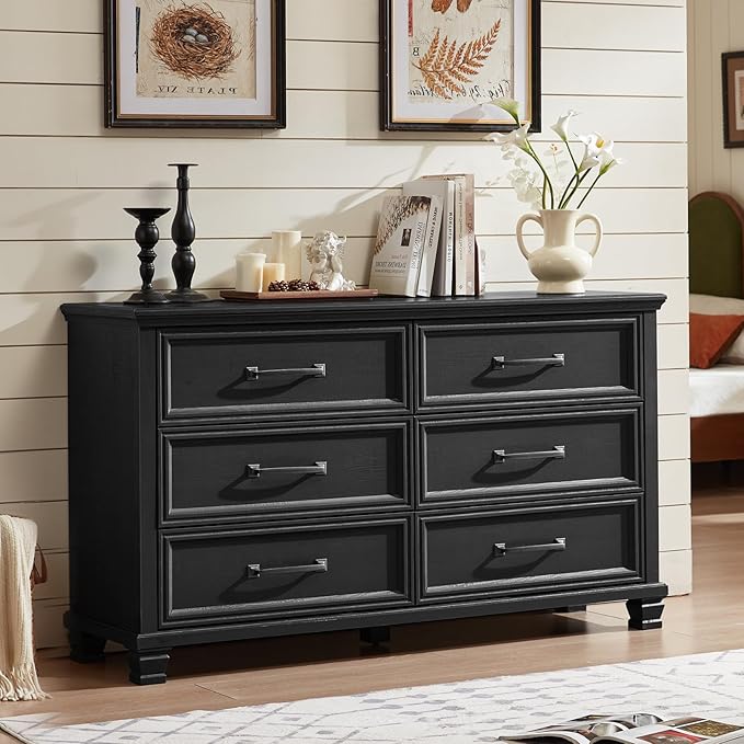 Farmhouse Bedroom Dresser and Nightstand Set of 4, 6 Drawer Tall & Low Dresser & 2 Drawer Nightstand Set, Rustic Wood Furniture Set for Bedroom, Hallway, Black