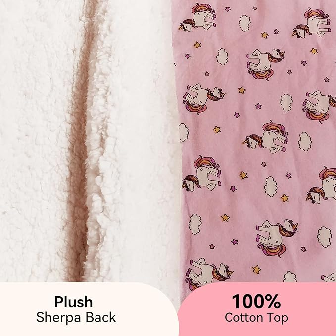 Kids Sherpa Throw Blanket – Soft Cotton & Warm Sherpa Toddler Blanket, Pink Unicorn & Clouds Pattern, Plush Winter Bed Throw, 40 x 60 inches