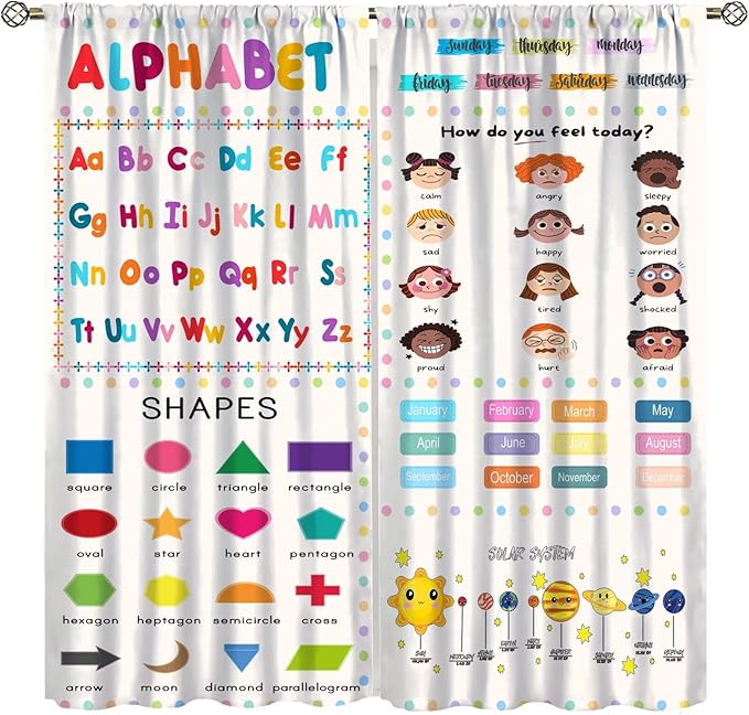 Kids Educational Alphabet Cartoon Curtain Solar System Shapes Cute Knowledge Printed Rod Pocket Blackout Window Drapes for Todders Nursery Baby Bedroom Living Room 84" W X 84" L