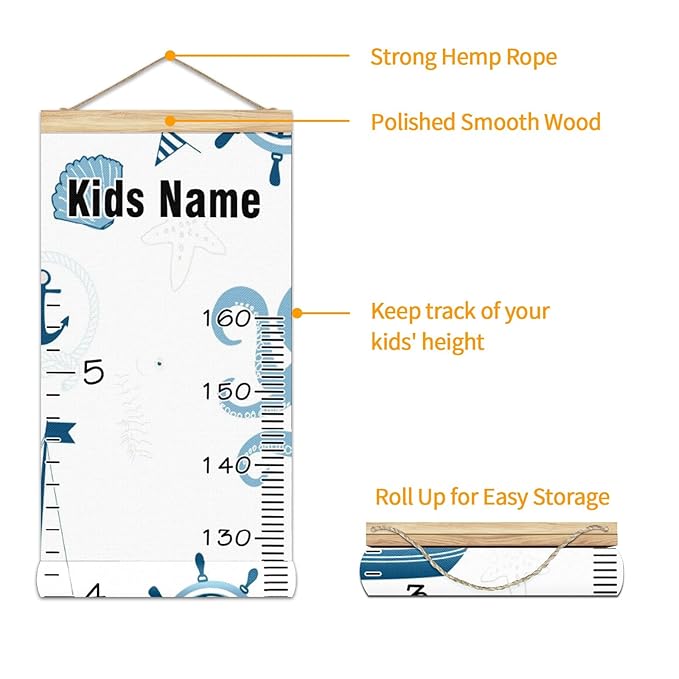 Personalized Kids Name Growth Chart Ruler for Wall Wood Frame Height Measure Chart 13.4x56 in Linen Hanging Height Growth Chart Nautical Lighthouse Sailboat Kids Room Decor