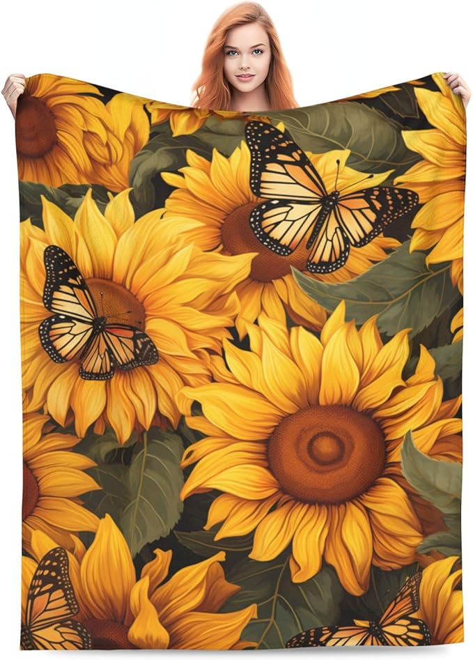 Sunflower Butterfly Blanket Gifts for Girls Women Floral Flannel Throw Blankets for Home Couch Bed Sofa Soft Fuzzy Lightweight Decor All Season 80x60 Inches