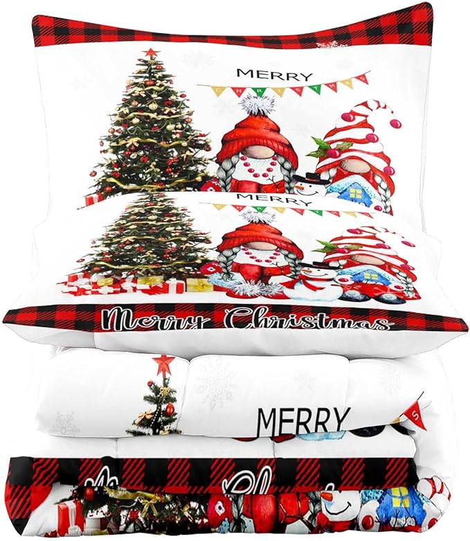 LUVIVIHOME 3PCS Merry Christmas Comforter Set Full Size, Funny Gnome Bedding, Red & Black Plaid Snowflake Snowman Xmas Christmas Bedroom Decor for Kids Girls Boys Teens, White Quilt, 2 Pillow Cases