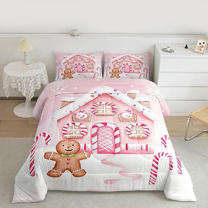 Feelyou Gingerbread Man Comforter Set Toddler Size Gingerbread House Bedding Set for Kids Boys Girls Candy Canes Duvet Quilt Pink Christmas Scheme Bedroom Decor Snowflake 2 Pcs with 1 Pillow Cases