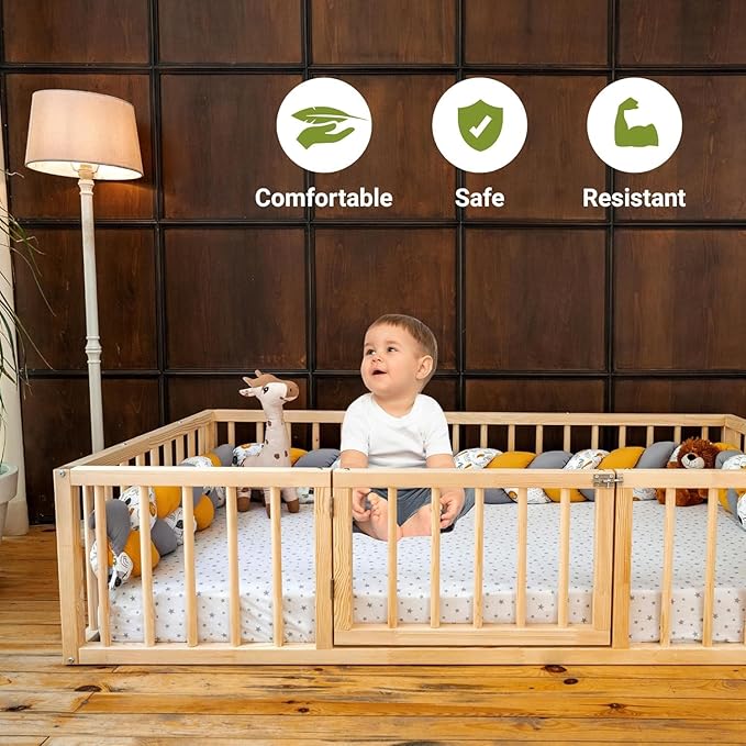 Montessori Floor Bed with Door On The Right Side for Toddler | Pine Wood Natural Solid Frame Beds | Sturdy Modern Design Floor Bed Frame for Boy and Girls (Queen, Height: 23.6 Inches)