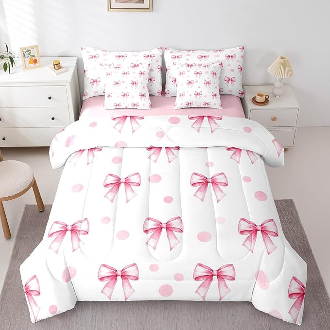 7 Pieces Pink Bow Princess Comforter Twin,Bowknot Geometric Dots Toddler Bedding Set,Butterfly Knot Bow Tie Romantic White Simple（Comforter+Fitted+Flat Sheet+2 Pillowcases+2 Throw Pillow Covers）
