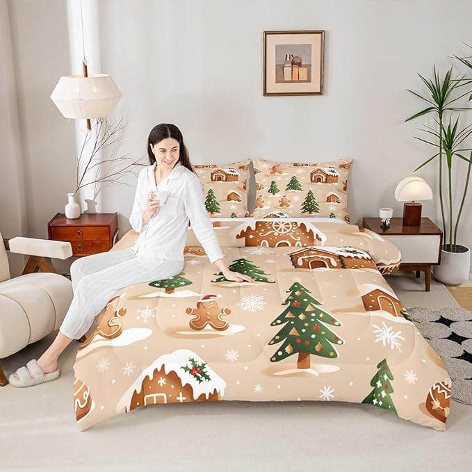 Feelyou Christmas Bedding Set Soft for Boys Girls, Gingerbread Man Comforter Set Full Size Snowflake Duvet Quilt Microfiber Xmas Tree Bedroom Decor 3 Pcs with 2 Pillow Cases