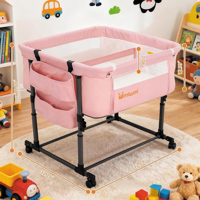 MTWML Twin Bassinet for 2 Babies,Portable Twins Crib with Storage Bag and Replaceable Mattress Cover,Adjustable Height Double Bedside Crib Attaches to Bed with Strap for 0-6 Months (Pink)