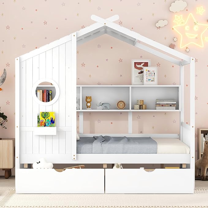 Merax Wood Full House Daybed with Drawers & Storage Shelves,Day Bed for Kids Boys Girls No Box Spring Needed White