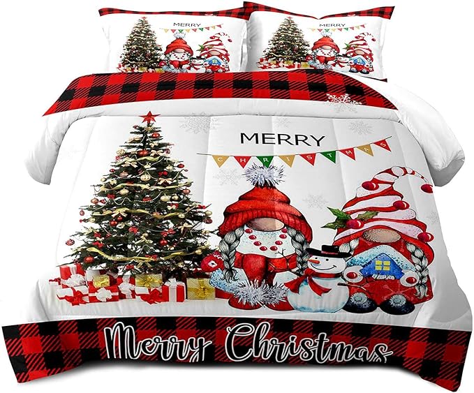 LUVIVIHOME 3PCS Merry Christmas Comforter Set King Size, Funny Gnome Bedding, Red & Black Plaid Snowflake Snowman Xmas Christmas Bedroom Decor for Kids Girls Boys Teens, White Quilt, 2 Pillow Cases