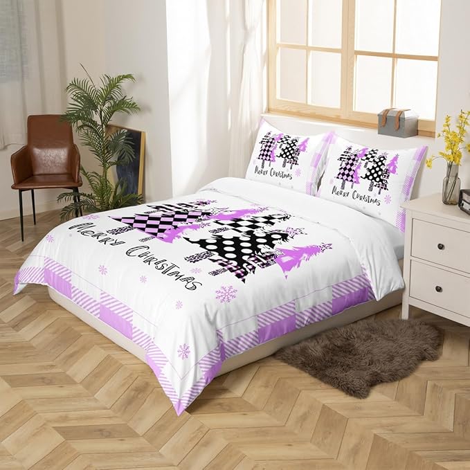 Manfei Xmas Trees Duvet Cover Set Twin Size, Purple Plaid Grid Snowflake Bedding Set for Kids Girls Bedroom Decor, Christmas Theme Comforter Cover New Year Quilt Cover with 1 Pillowcase, No Comforter