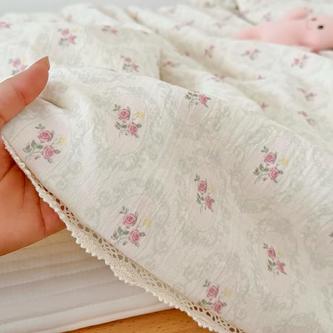BuLuTu Double-Layer Cotton Muslin Toddler Quilted Blanket, Romantic Floral Design Baby Girls Crib Comforter with Lace Edges, Soft Lightweight Kids Quilt, 47"x59", Begonia Print