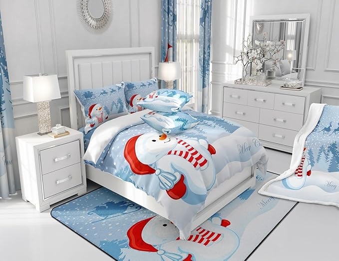 Manfei Snowman Duvet Cover Set Twin Size, Xmas Deer Trees Print Comforter Cover with 1 Pillowcase, Winter Snowflake Merry Christmas Bedding Set 2pcs for Kids Boys Girls Bedroom Decor,No Comforter
