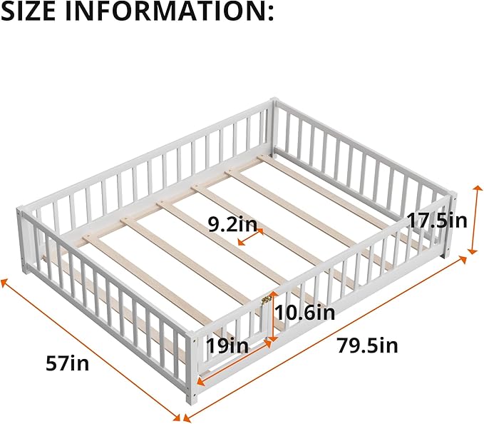 i-POOK Full Size Floor Bed for Children, Solid Wood Montessori Bed Frame with Fence & Door Montessori Floor Bed with Safety Guardrails for Girls and Boys, White (with Bed Slats)