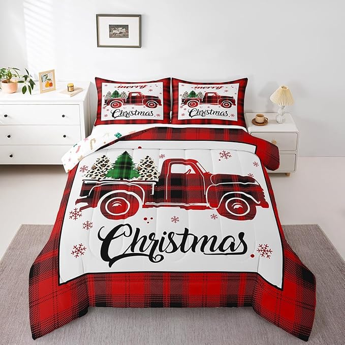 Manfei Xmas Truck Comforter Set King Size, Christmas Tree Snowflake Print Bedding Set 3pcs for Kids Boys Girls Bedroom Decor, New Year Theme Red Plaid Print Quilt Set with 2 Pillowcases