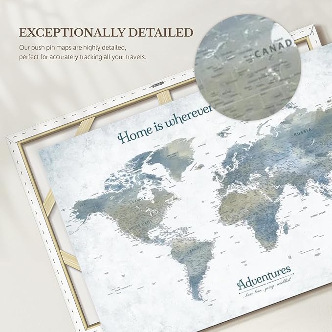 ElephantStock - Home With You II Push Pin World Map Wall Art - Horizontal Canvas Wall Art - Living Room Wall Decor - Digital Art Map Canvas Art - Blue And Gray Decor - 51" x 34"