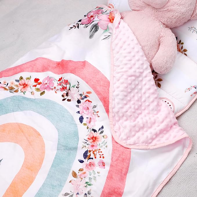 Toddler Nap Mat with Removable Pillow and Soft Dot Minky Blanket Pea Pod Kids Rainbow Floral Napping Mats Extra Large Rolled Slumber Bags for Girls Preschool, Daycare, 22.9 x 51.2inches Ages 3-7 Years