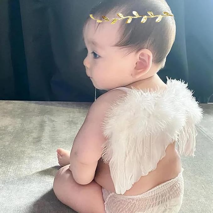 2PCS White Angel Wings With Gold Leaf Headband For Newborn Infant Photography Props Soft Feather Wings For Kids Photo Outfits Baby Girls Costume(Color H, One Size)