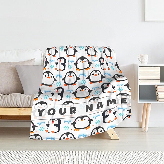 Personalized Penguin Blanket Gifts for Girls Women - 50" x 60" Inches Penguin Throw Blanket - White Soft Warm Throws for Couch, Bed & Travel