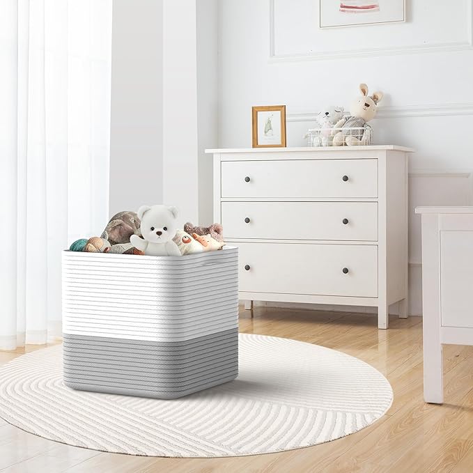 Storage Cotton Cube 11 Inch, Woven Cotton Rope Storage Basket for Toys Blanket Organizing, Storage Bin Decorative Organizer with Handles for Living Room Laundry Room Closet (1 Pack, Grey)
