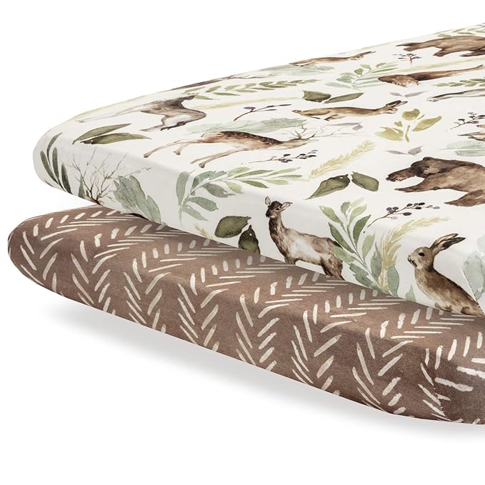 Pobibaby - 2 Pack Premium Pack N Play Sheets Fitted for Standard Pack and Plays and Mini Cribs - Ultra-Soft Cotton Blend, Stylish Woodland Pattern, Safe and Snug for Baby (Wildlife)