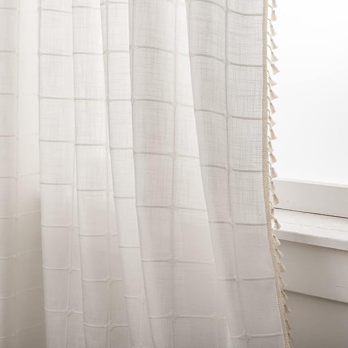 Deeprove White Boho Curtains for Bedroom 96 Inches Long, Cream Checkered Bohemian Chic Textured Embroidery Plaids, Vintage Handmade Tassels Country Decor Drapery, Rod Pocket, 1 Panel W52 x L96