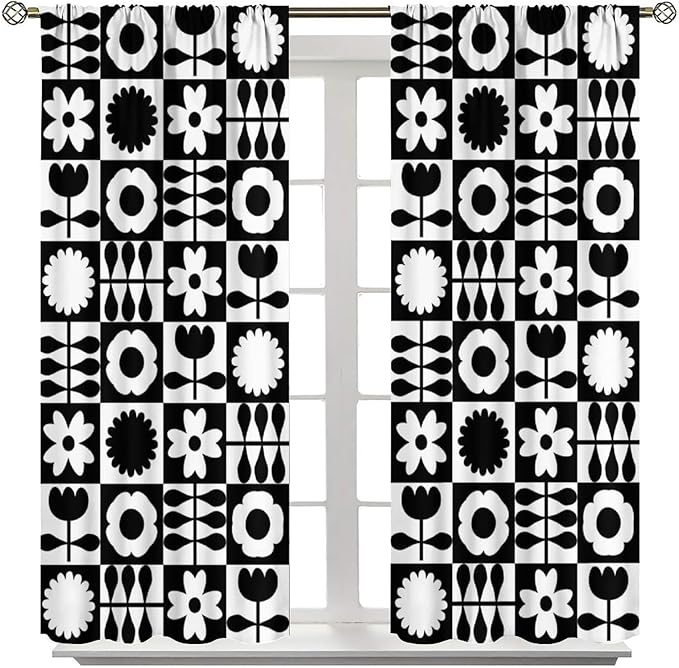 Mid Century Geometric Floral Curtains,Vintage 70s Window Treatments for Boys Girls Kids Bedroom Curtains,Boho Black and White Floral Curtains 55"" W X 63"" L, Style-10
