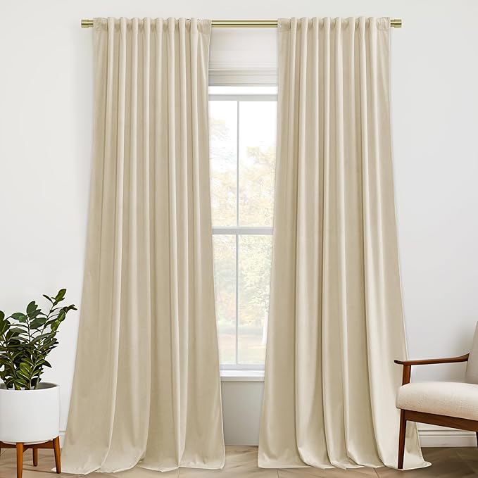 StangH Beige Curtains 92 inches Long Super Soft Velvet Privacy Protect Thermal Insulated Window Drapes Back Tab Luxury Decor for Bedroom Living Room, W52 x L92, 2 Panels