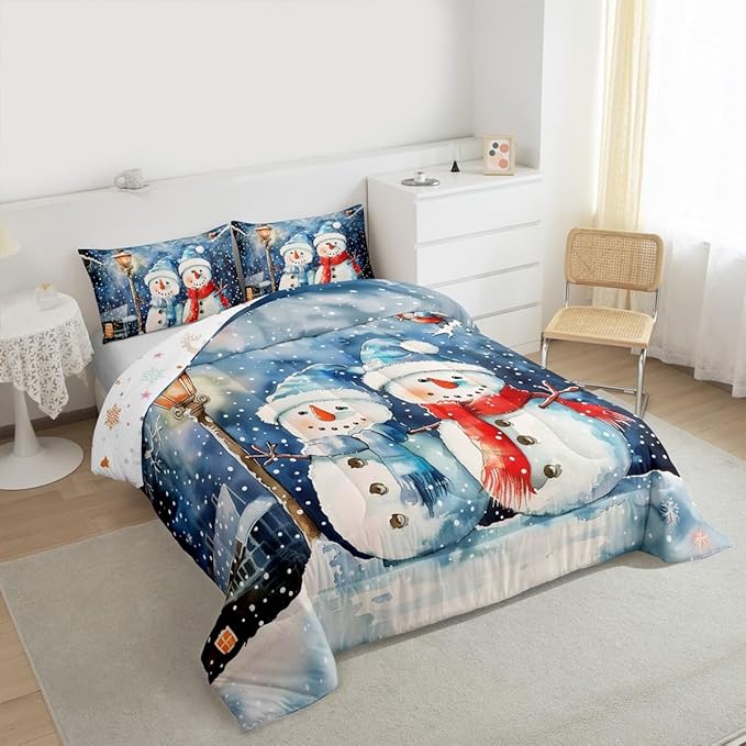 Feelyou Christmas Kids Comforter Set Full Size Blue Watercolor Snowman Bedding Set Xmas Winter Duvet Quilt for Kids Boys Girls Bedroom Snowflake Decor Microfiber Ultra Soft Breathable