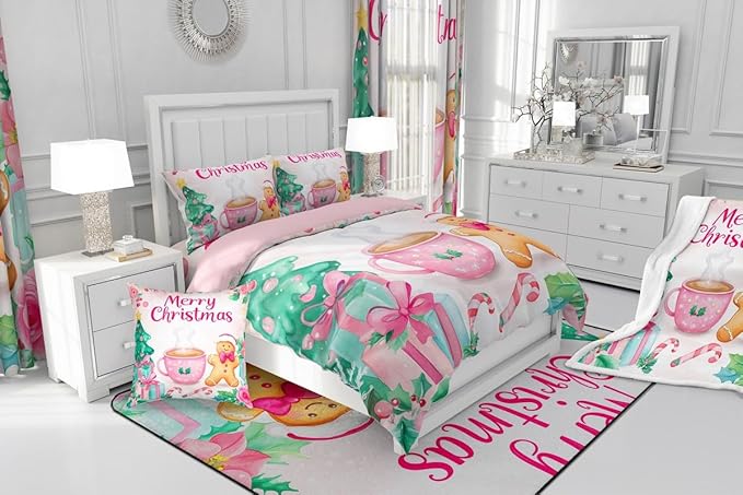 Feelyou Merry Christmas Bedding Set Soft for Boys Girls, Christmas Decor Comforter Set Toddler Size Gingerbread Man Duvet Quilt Microfiber Xmas Bedroom Decor 2 Pcs with 1 Pillow Cases