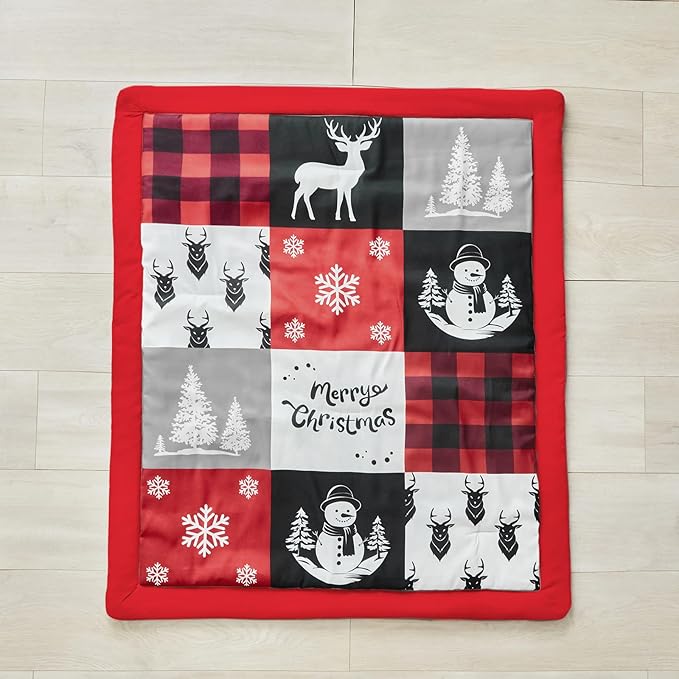 Christmas Gray Crib Bedding Set 3 Pieces New Year Style Quilted Plaid Comforter with Fitted Sheet and Bed Skirt - Cute Snowman Tree Deer Red Black Design Baby Crib Bed Set