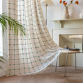 Deeprove Boho Curtains 96 Inches Long for Bedroom Living Room Nursery, Cotton Linen Plaids Beige Turquoise Teal Embroidery Bohemian Farmhouse Window Treatment Grids Drape Tassels, 1 Panel W52 x L96
