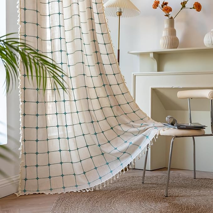 Deeprove Boho Curtains 96 Inches Long for Bedroom Living Room Nursery, Cotton Linen Plaids Beige Turquoise Teal Embroidery Bohemian Farmhouse Window Treatment Grids Drape Tassels, 1 Panel W52 x L96
