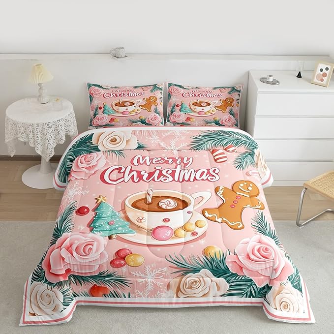 Feelyou Christmas Tree Comforter Set All Season Gingerbread Man Bedding Set with 2 Pillow Cases Merry Christmas Microfiber Kids Full Bedclothes Xmas Bedroom Decor Duvet Quilt Soft Lightweight