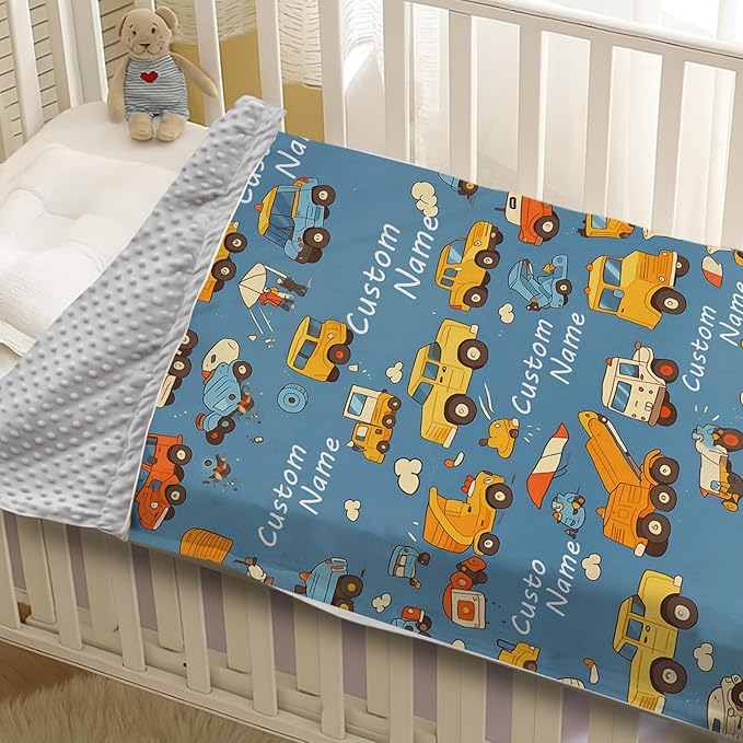 Custom Baby Blanket - Cartoon Cars Design Personalized Name Blanket, Soft Flannel Dot Infant Toddler Blanket for Boys, Customizable Nursery Bedding (30”x40)