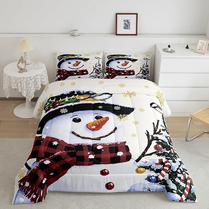 Feelyou Kids Christmas Theme Decorations Bedding Set Xmas Snowman Comforter Set for Boys Girls Snowflake Kawaii Cute Beige Golden Bedroom Collection Twin Size